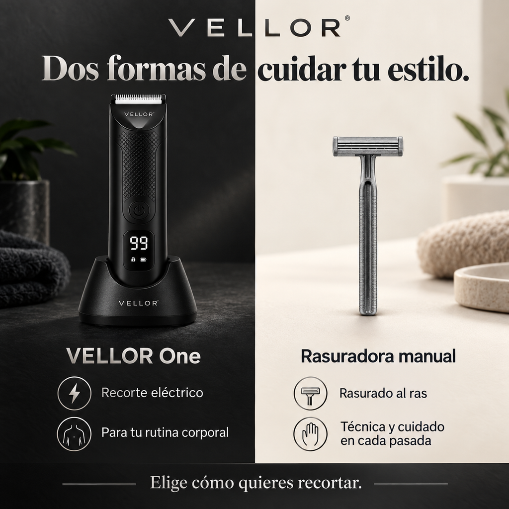 VELLOR One — Rasúrate abajo en la ducha en 3 minutos. Cuida cada detalle, incluso ahí abajo.